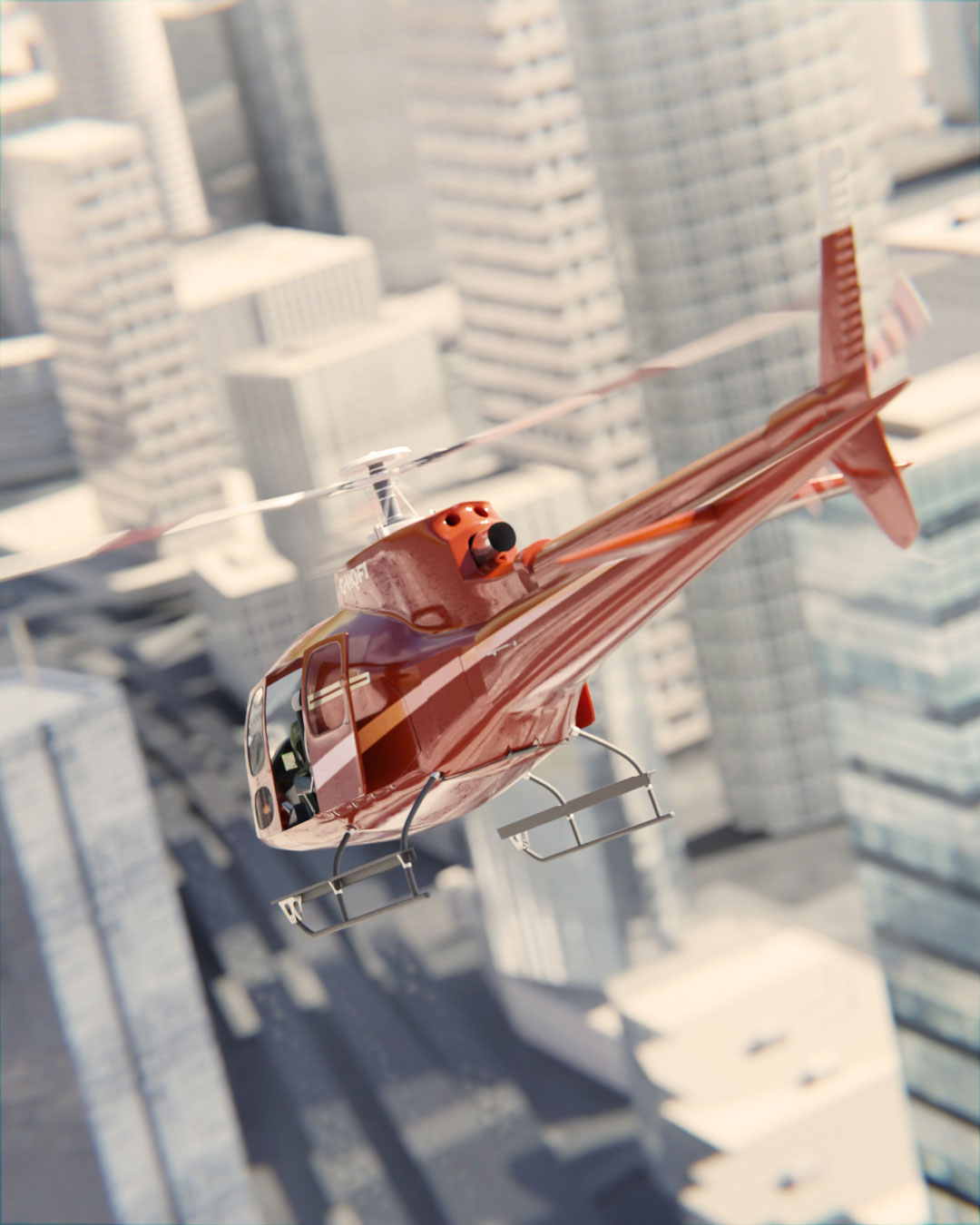 An AS350 helicopter in civilian livery flying over Los Angeles. Model created in 3D with Blender