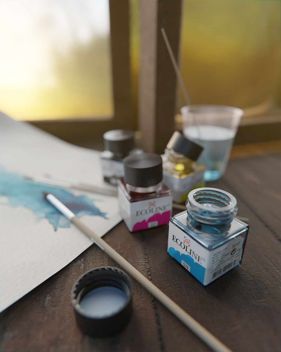 Ecoline inks and jar resting on a wooden desk in front of a window