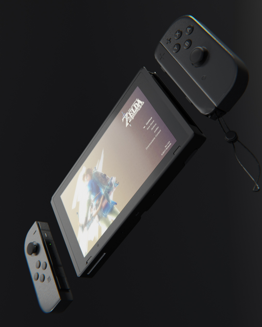 Nintendo Switch model created with Blender 3D. On the screen, the splash screen of Zelda Breath of the Wild