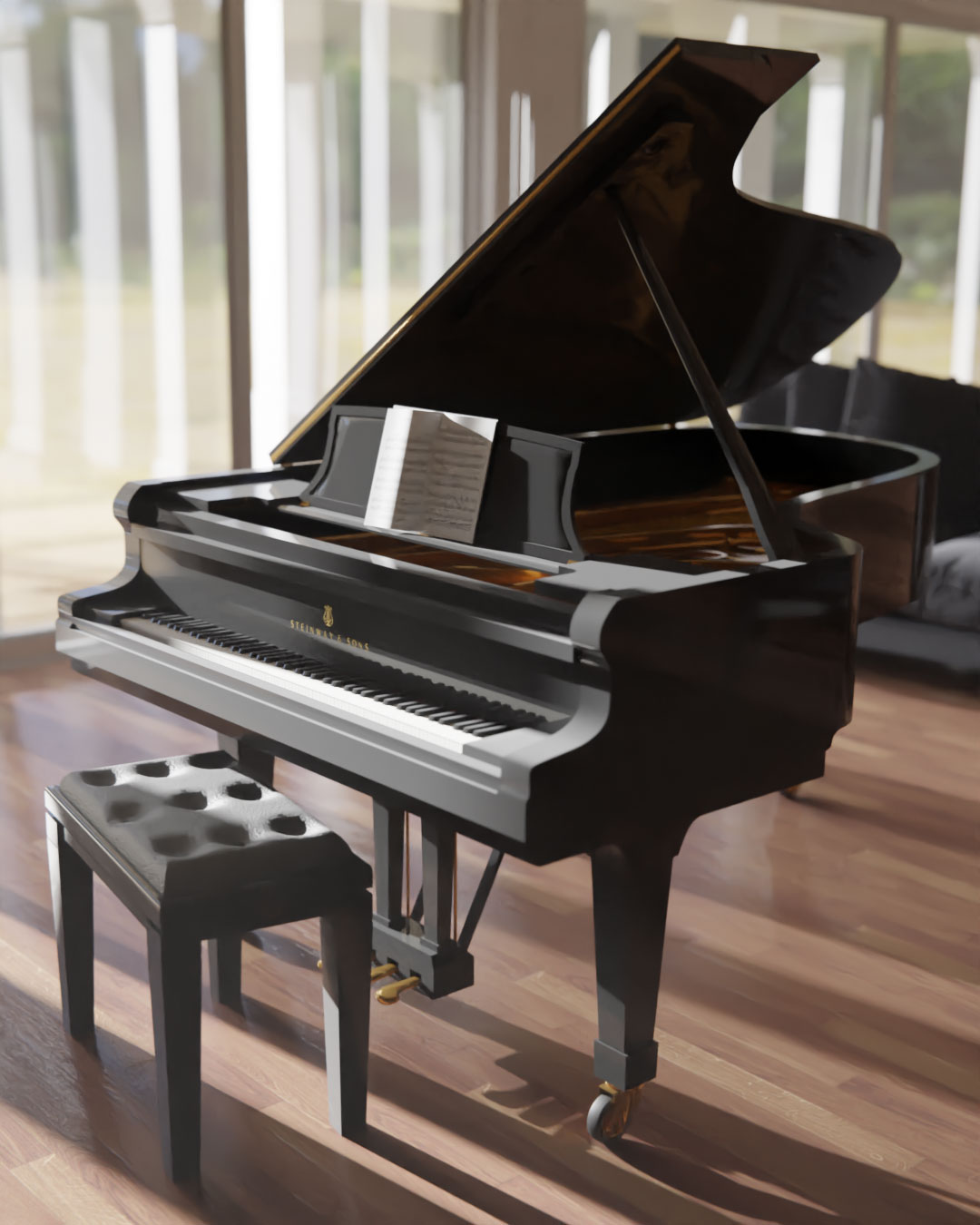 A Steinway grand piano in a cozy living room, illuminated by the sunset light streaming through the windows