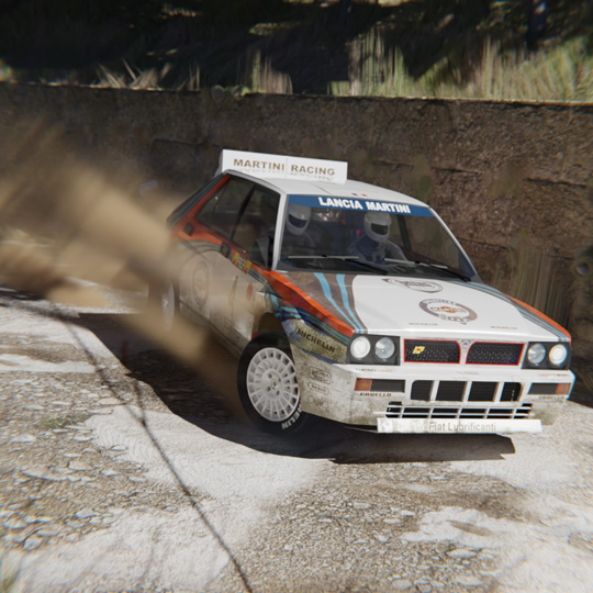 A Lancia Delta WRC with Martini livery, drifting on dirt